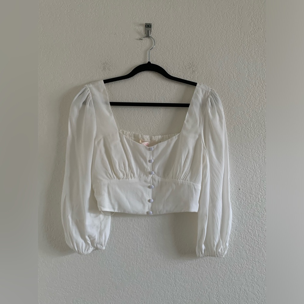 White Puff Sleeve Crop Top with Front Buttons